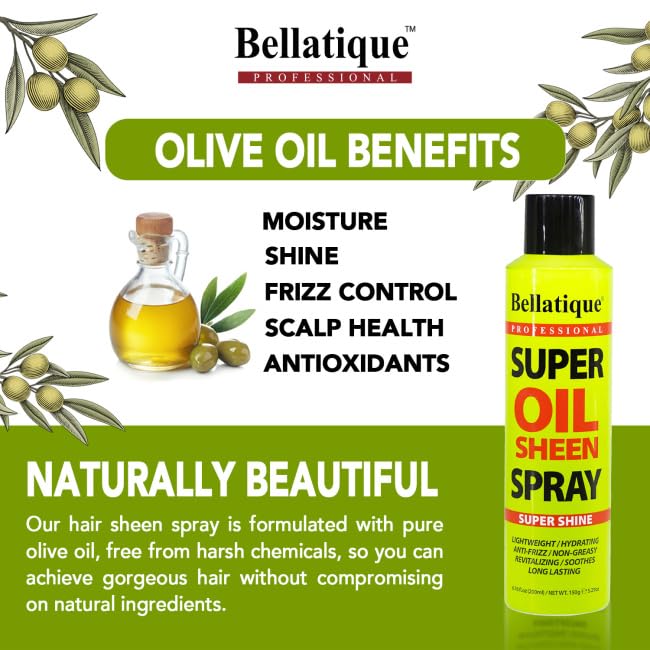 BELLATIQUE Super Oil Sheen Spray (6.76 oz) - Super Shine. Lightweight, Hydrating, Anti-Frizz, Non-Greasy, Revitalizing, Soothes, Long Lasting, Deep Beauty & Personal Care BELLATIQUE