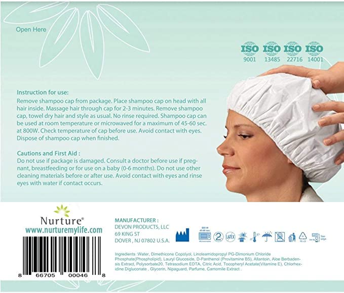 No Water Rinse Free Shampoo Cap by Nurture - Microwavable Washing & Conditioning Shower Caps to Wash Hair w/o Bath - Waterless Bathing - Disposable Beauty and Personal Care Nurture Valley