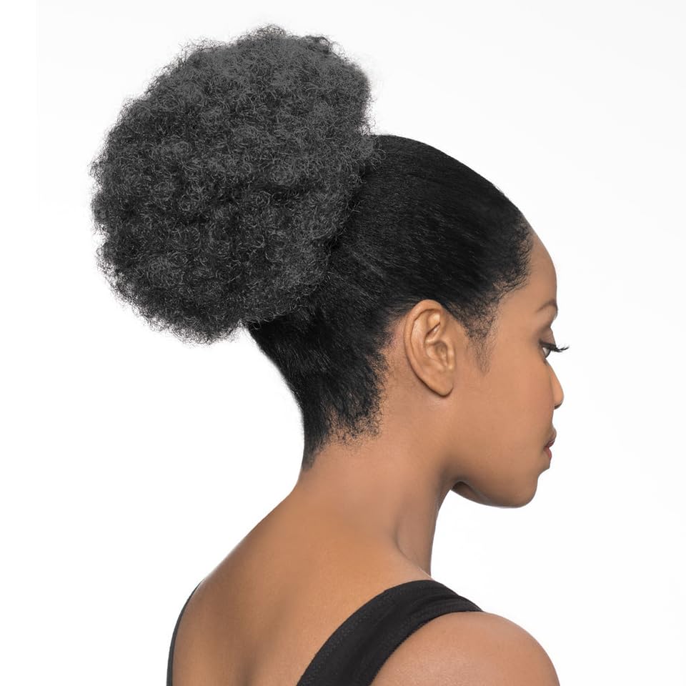 Maxwigs DS007 Afro Ponytail Color 1 Black - Foxy Silver Wigs 8-10" Medium Length Drawstring Hairpiece Extension Synthetic Black Grey Full Bun Womens