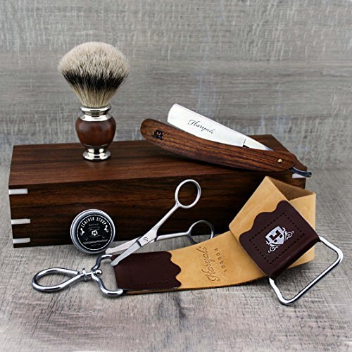 Classic Men's Shaving Set with Straight Razor, Silver Tip Shaving Brush, Trimming Scissors, Leather Strop & Paste in Wooden Box Beauty and Personal Care Haryali London
