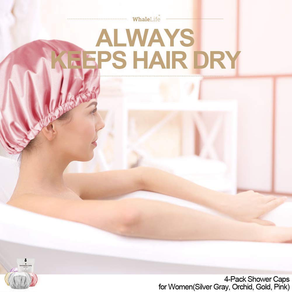Shower Cap for Women Reusable Extra Large Shower Caps for Men Satin Double Layer EVA Waterproof Long Hair Caps(Silver Gray, Orchid, Gold, Pink 4 Pack) Beauty & Personal Care WhaleLife