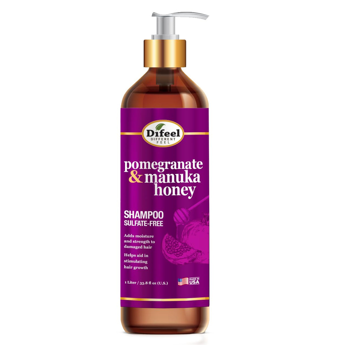 Difeel Pomegranate & Manuka Honey Sulfate-Free Shampoo 33.8 oz. - Strengthens & Moisturizes Damaged Hair
