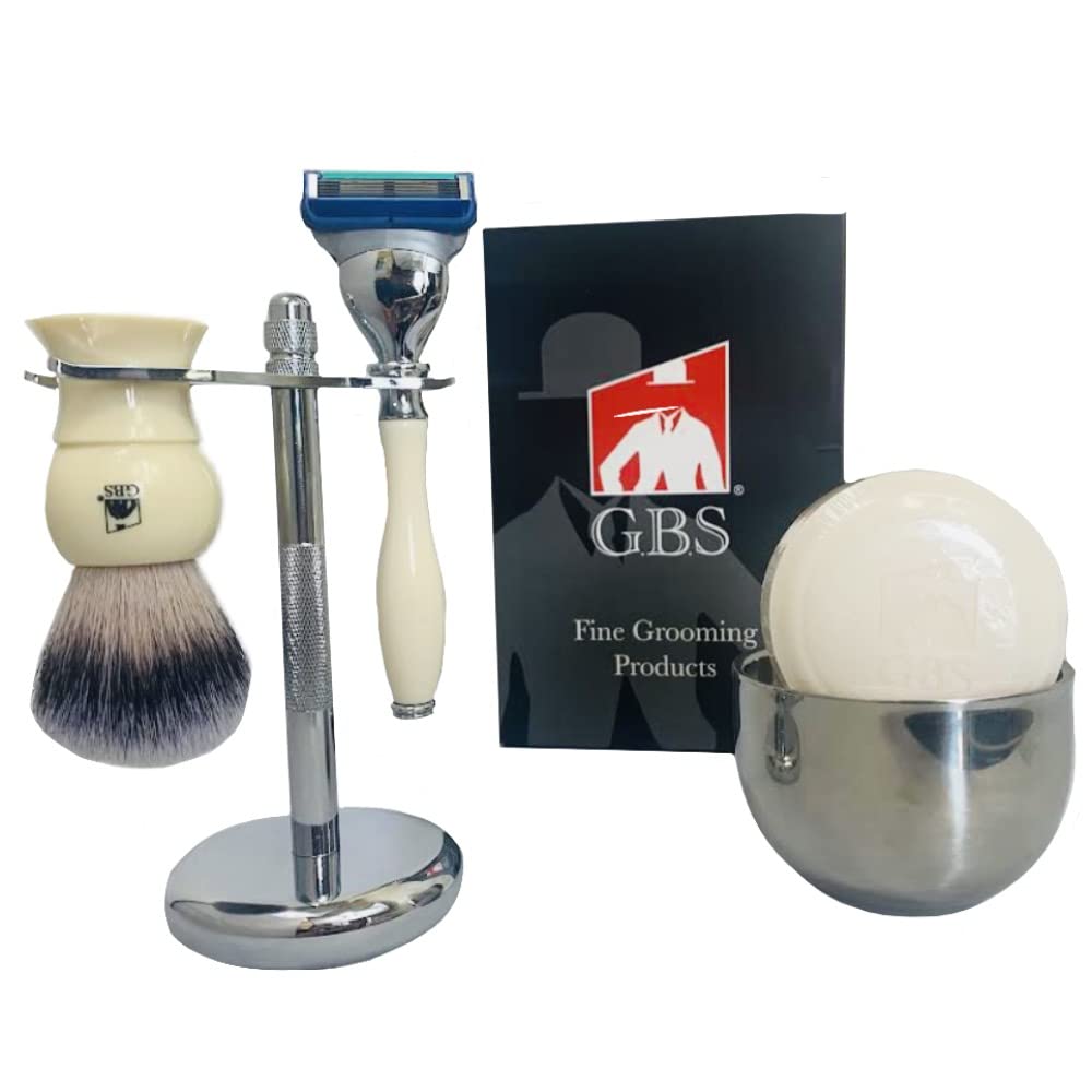 GENTS Ultimate Wet Shaving Kit for Men with 5 Blade Compatible Razor, Badger Brush, Stainless Steel Bowl and Dual Stand, Ivory Beauty and Personal Care G.B.S
