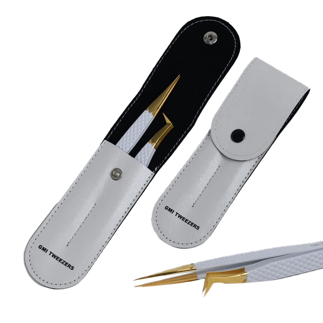 2pcs White Straight and L-Shaped (Boot) Gold Pointed Eyelash Tweezers for Lash Extension - Stainless Steel Precision Tweezers for Volume and Classic Beauty & Personal Care GMI TWEEZERS