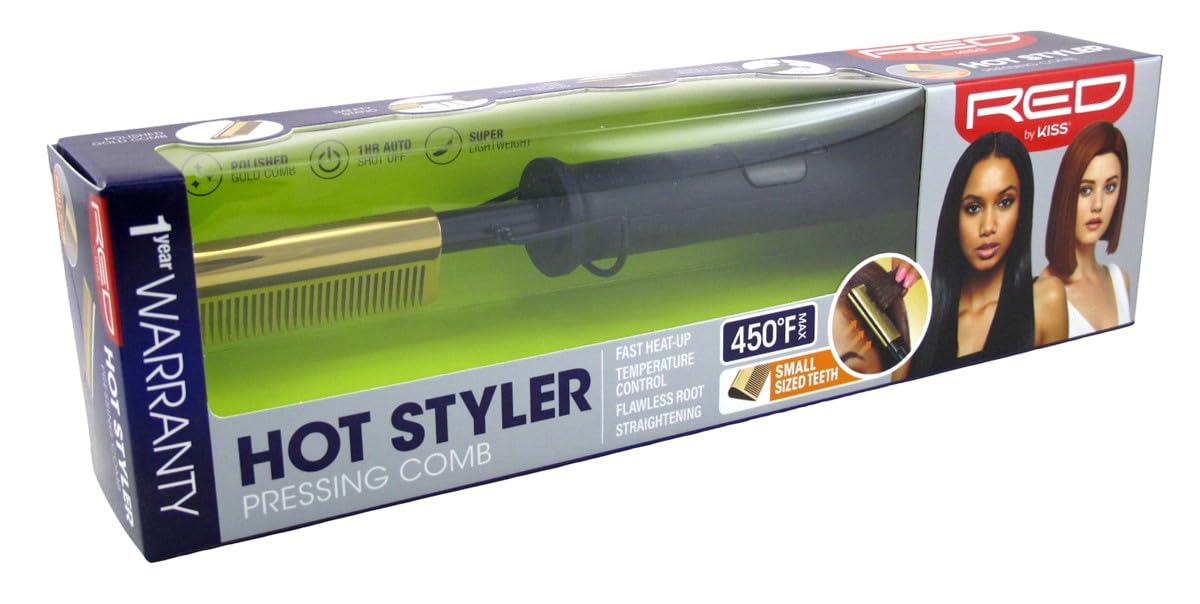 Red by Kiss Hot Comb Hair Straightener 450 Degrees, Small-Sized Teeth Electric Heating Comb, Pressing Comb Brush for Straightening Hair and Beard,
