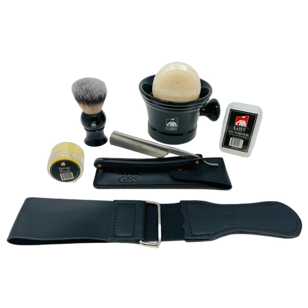 G.B.S Men's Shaving Set- Deluxe Straight Razor 6/8in Carbon Steel Razor, Shaving Mug, Synthetic Bristles Brush, Shaving Soap Razor Case, Alum Block Beauty and Personal Care G.B.S