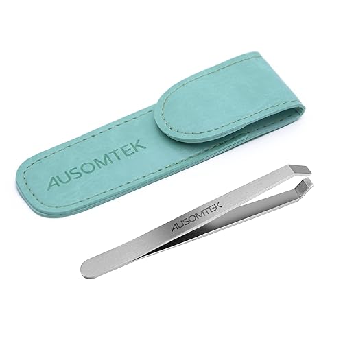 Ausomtek Beard Tweezers, White Hair Plucking Tweezers, Stainless Steel, Fine Hair Removal Tweezers, Eyebrows Shaping Tool, 5mm Tip, Cyan PU Case Beauty & Personal Care Ausomtek