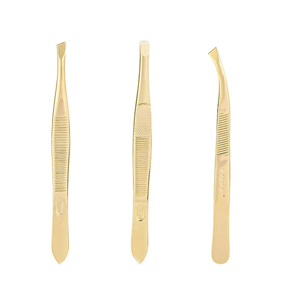 Tvoip 3Pcs Eyebrow Tweezer Golden Stainless Steel Slant/Flat Tip Curved Forceps Hair Removal Cosmetic Makeup Tool Kit Face Trimmer Beauty and Personal Care Tvoip