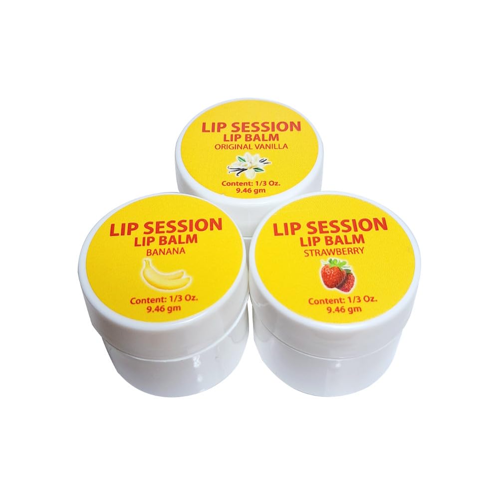 Lip Session Lip Balm Assorted Flavors 3 Pack of Jars .33 Oz. - Vanilla Original, Strawberry & Banana with Vitamin E & Cocoa Butter - Soothes Dry Beauty and Personal Care E. Burnham