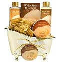 White Rose Jasmine Spa Set For Women in Elegant Gold Tub Includes Shower Gel, Bubble Bath, Body Lotion, Jasmine Bath Salt, Pouf, Award Winning Bath Beauty & Personal Care Freida and Joe