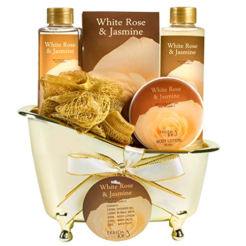 White Rose Jasmine Spa Set For Women in Elegant Gold Tub Includes Shower Gel, Bubble Bath, Body Lotion, Jasmine Bath Salt, Pouf, Award Winning Bath Beauty & Personal Care Freida and Joe
