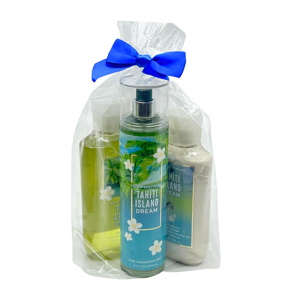 Bath & Body Works TAHITI ISLAND DREAM 3pc bundle - Mist, Body Wash, Body Lotion Gift Set with a Blue Bow for Holidays & Gifts - Full Size Beauty and Personal Care Bath & Body Works