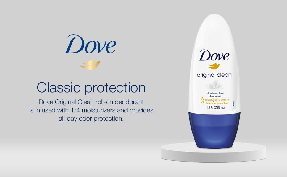 Dove Original Clean Roll On Deodorant, Aluminum Free, All Day Odor Protection, 4-Pack, 1.7 FL Oz Each, 4 Bottles Beauty and Personal Care Dove