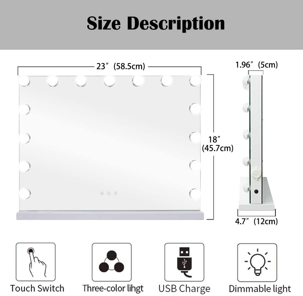 GLMOHOME Vanity Mirror Makeup Mirror with Lights,10X Lens,22.8"x 18.1" Hollywood Lighted Vanity Mirror with 15 Dimmable LED Bulbs,3 Color Modes,Touch Beauty & Personal Care GLMOHOME