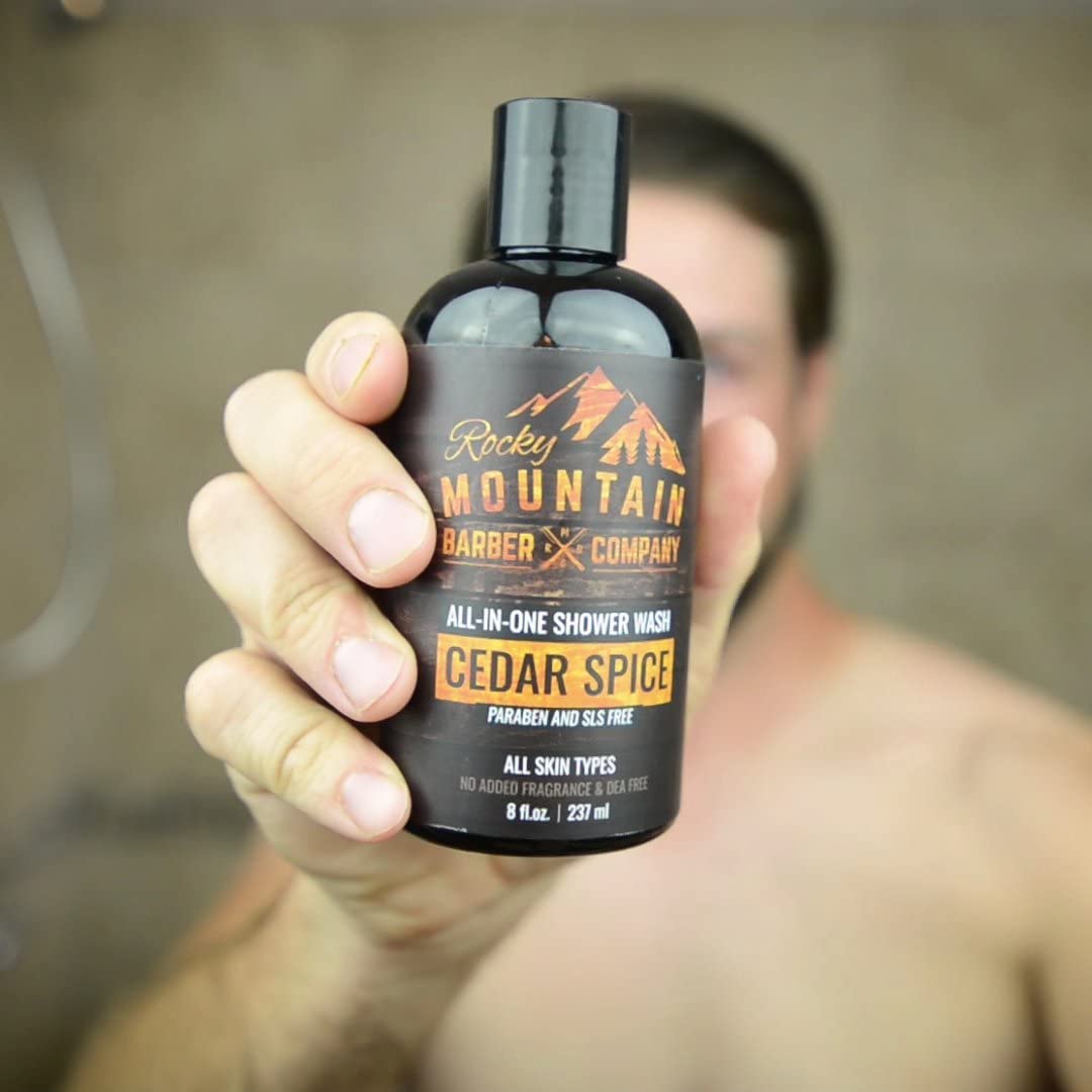 Rocky Mountain Barber Company Cedar Spice All-In-One Body Wash - Shampoo, Body Wash, Conditioner, Face Wash & Beard Wash with Essential Oils - 8 oz Beauty & Personal Care Rocky Mountain Barber Company