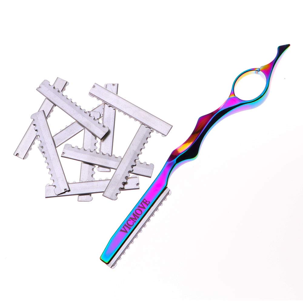 Professional Hair Styling Thinning Texturizing Cutting Feather Razor + 10 Replacement Blades Stainless Steel Rainbow Color Beauty and Personal Care VICMOVE