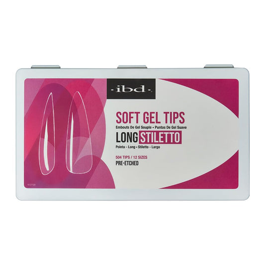 IBD Clear Soft Gel Nail Tips - Long Stiletto Shape, Pre-Etched Fake Nail Extensions for Durable, Lightweight Application, Acrylic Press On Nails, 504