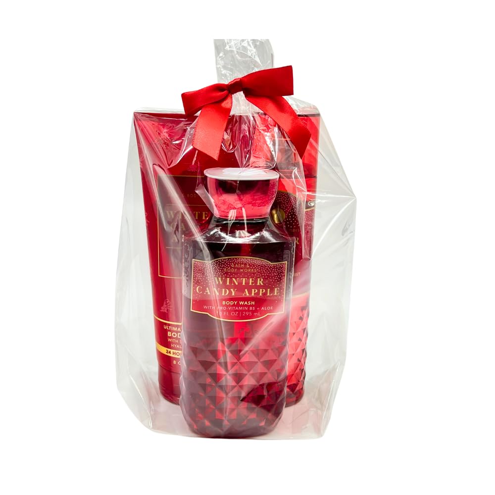 Bath & Body Works WINTER CANDY APPLE 3-piece Gift Set with a Red Bow for Holidays & Gifts - Body Wash, Mist, Body Cream - Full Size Beauty and Personal Care Bath & Body Works