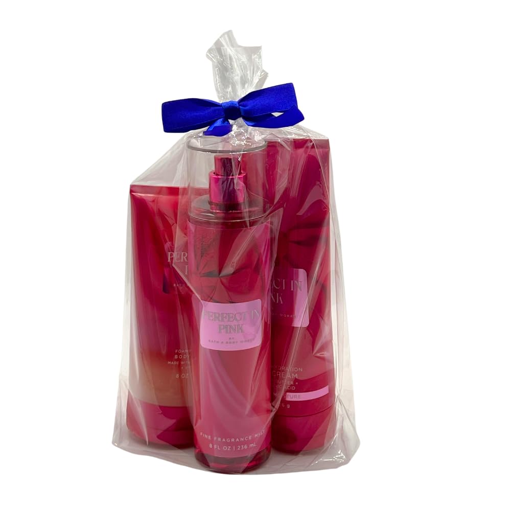 Bath & Body Works PERFECT IN PINK Fine Fragrance Mist, Ultimate Hydration Body Cream & Foaming Sugar Body Scrub 3-piece Gift Set with a Blue Bow Beauty and Personal Care Bath & Body Works