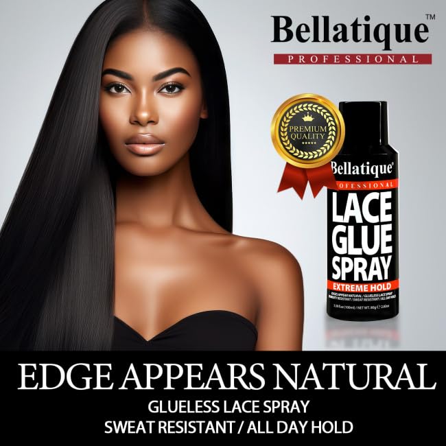 BELLATIQUE Lace Glue Spray - Extreme Hold. Edges Appear Natural, Humidity Resistant, Sweat Resistant, All Day Hold, Quick Drying, Flake Free, Easily