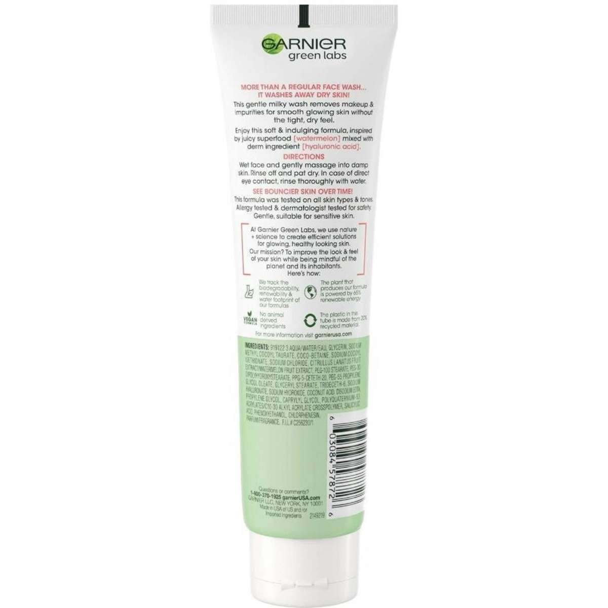 Garnier SkinActive Green Labs Hyalu-Melon Smoothing Milky Washable Cleanser with Hyaluronic Acid + Watermelon for Dehydrated Skin, Fine Lines Beauty & Personal Care Garnier