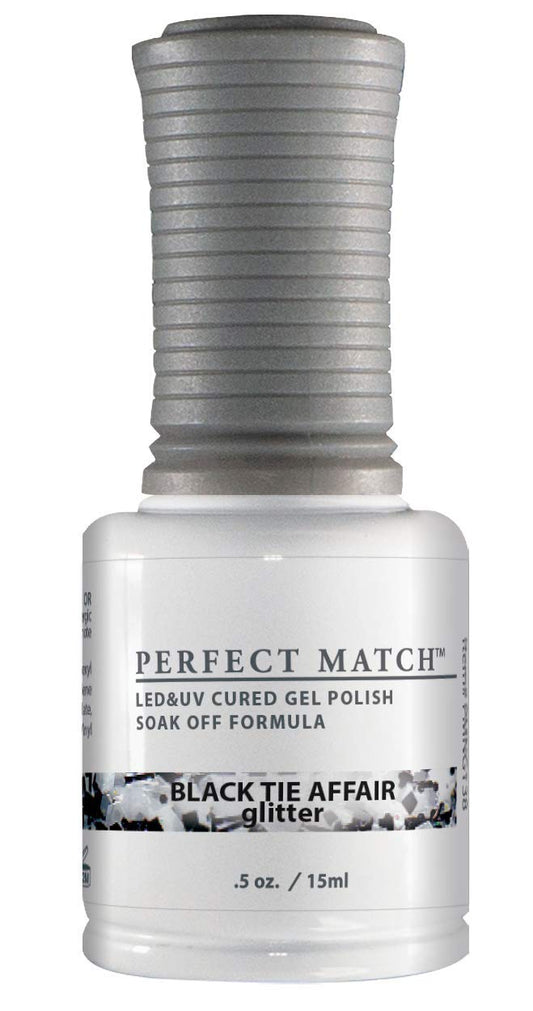 LeChat - Perfect Match Gel Polish - Black Tie Affair - Silver Hexes and Black Glitter on Clear Polish - (0.5 Ounce) - Easy Application - Soak Off