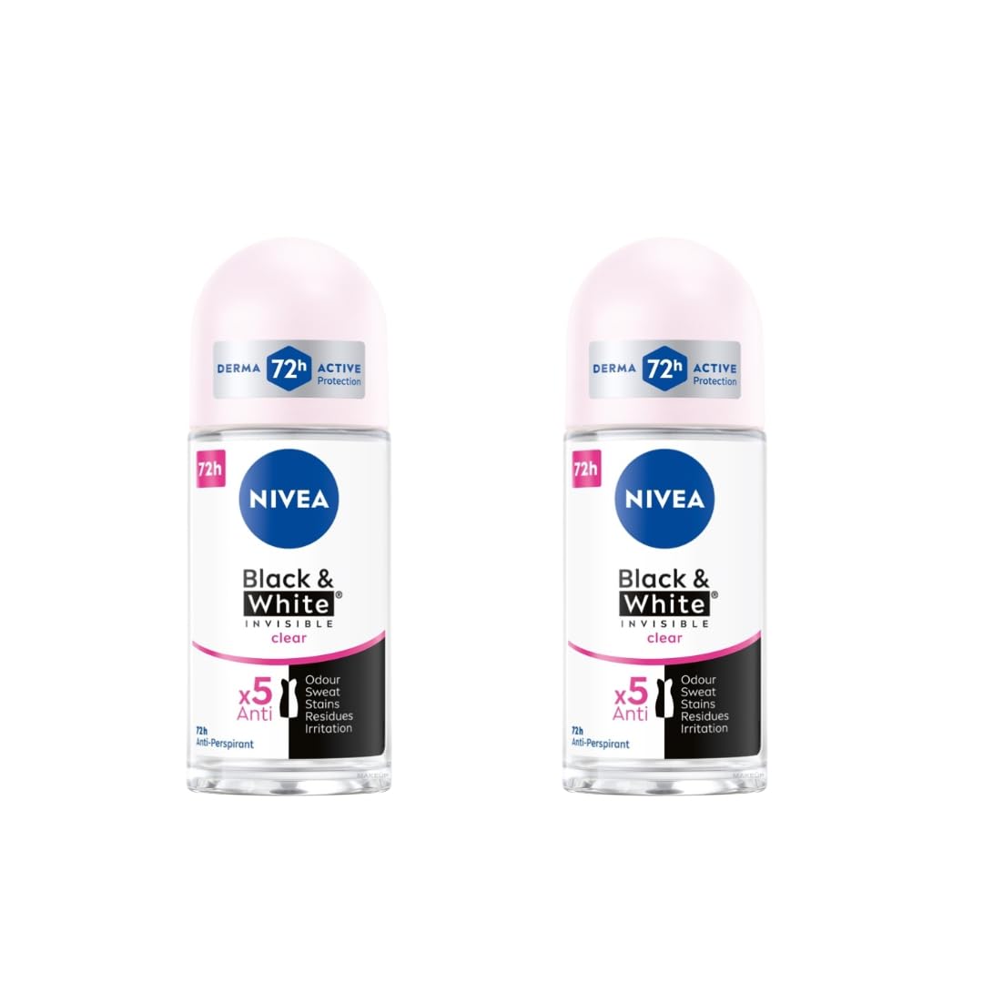 Nivea Black & White Invisible Clear Roll-On Deodorant 72h 25ml - Long-Lasting Freshness - Anti-Stain Formula - For All Day Protection Against Sweat Beauty and Personal Care NIVEA