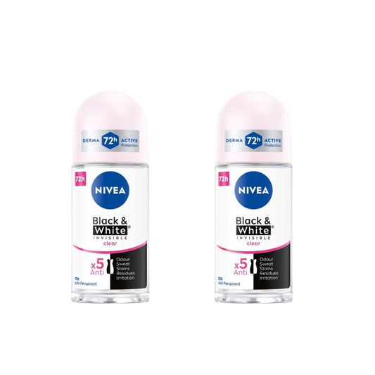 Nivea Black & White Invisible Clear Roll-On Deodorant 72h 25ml - Long-Lasting Freshness - Anti-Stain Formula - For All Day Protection Against Sweat Beauty and Personal Care NIVEA