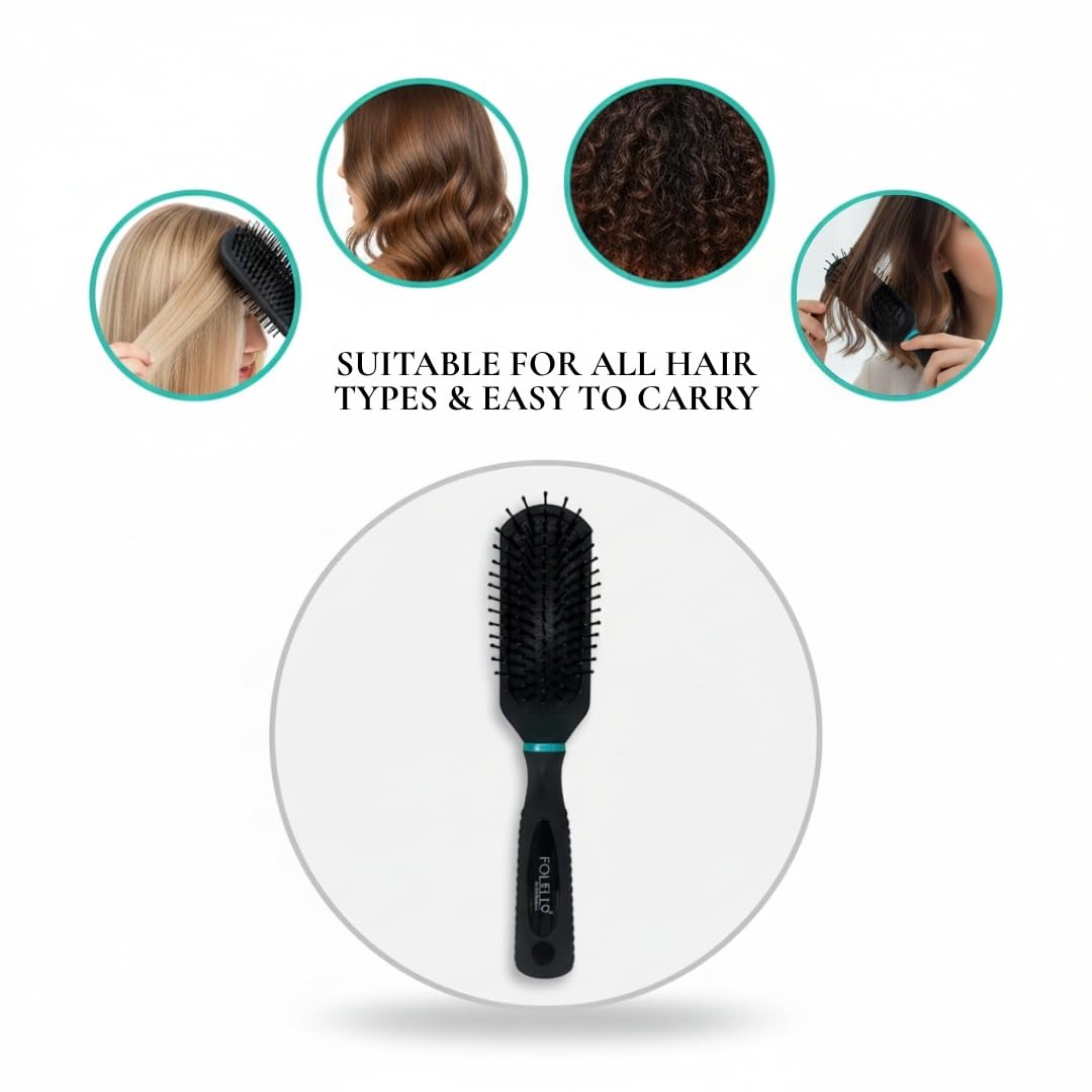 FOLELLO Paddle Hair Brush for Men and Women - Black Detangling Comb for Straight, Curly, Thick or Thin Hair - Styling Brush for Wet and Dry Hair