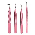 MK Queens Lash Tweezers - Stainless Steel Fiber Tip Eyelash Tweezers (Set of 4) - Diamond Grip Professional Lash Tweezers for Eyelash Extensions Beauty & Personal Care MK QUEENS