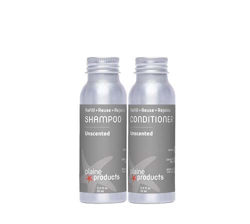 Plaine Products Eco-Friendly Travel Size Shampoo and Conditioner - Unscented - Sulfate/Paraben/Phthalate Free, 2.5oz Refillable Aluminum Bottles Beauty & Personal Care Plaine Products