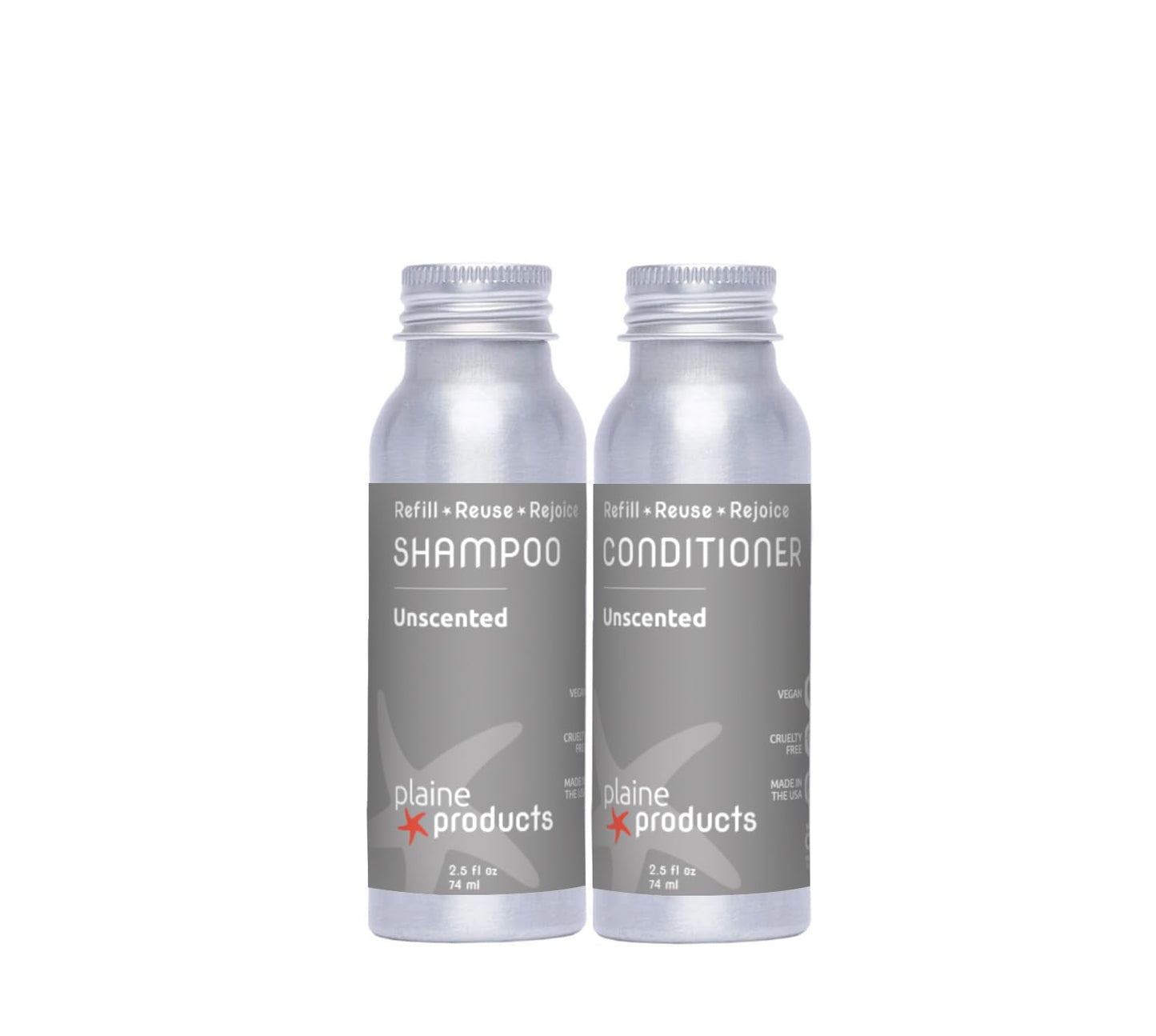 Plaine Products Eco-Friendly Travel Size Shampoo and Conditioner - Unscented - Sulfate/Paraben/Phthalate Free, 2.5oz Refillable Aluminum Bottles Beauty & Personal Care Plaine Products
