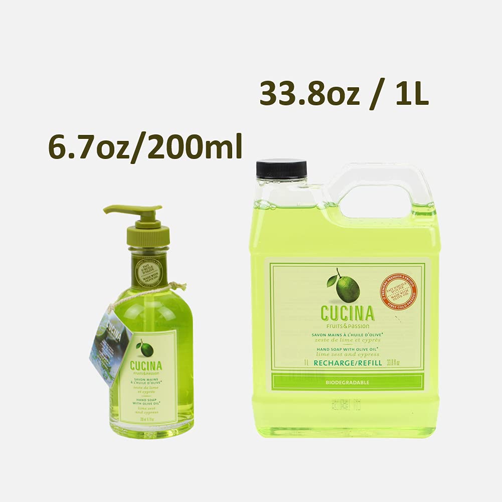 Cucina Fruits & Passion Lime Zest and Cypress Hand Soap Set, 6.7 fl oz Glass Bottle and 33.8 fl oz Refill, Made in Canada Beauty & Personal Care Cucina