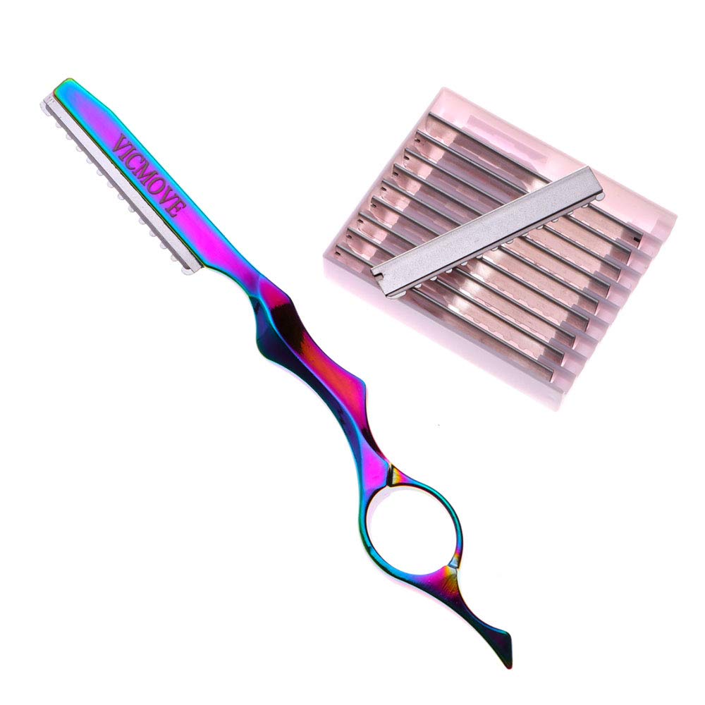 Professional Hair Styling Thinning Texturizing Cutting Feather Razor + 10 Replacement Blades Stainless Steel Rainbow Color Beauty and Personal Care VICMOVE