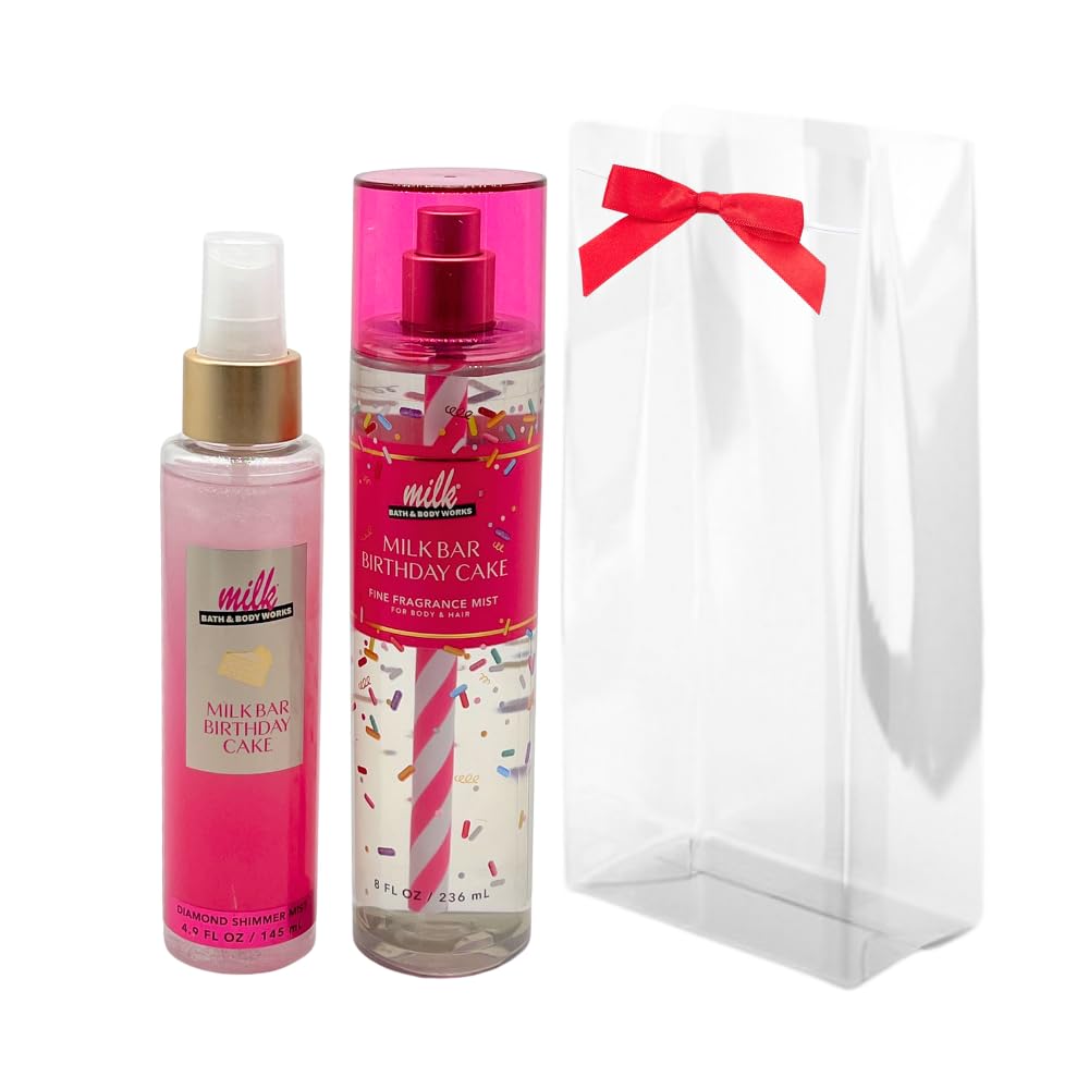 Bath & Body Works MILK BAR BIRTHDAY CAKE Fine Fragrance Mist & Diamond Shimmer Mist 2pc bundle with a Red Bow for Holidays & Gifts Beauty & Personal Care Bath & Body Works
