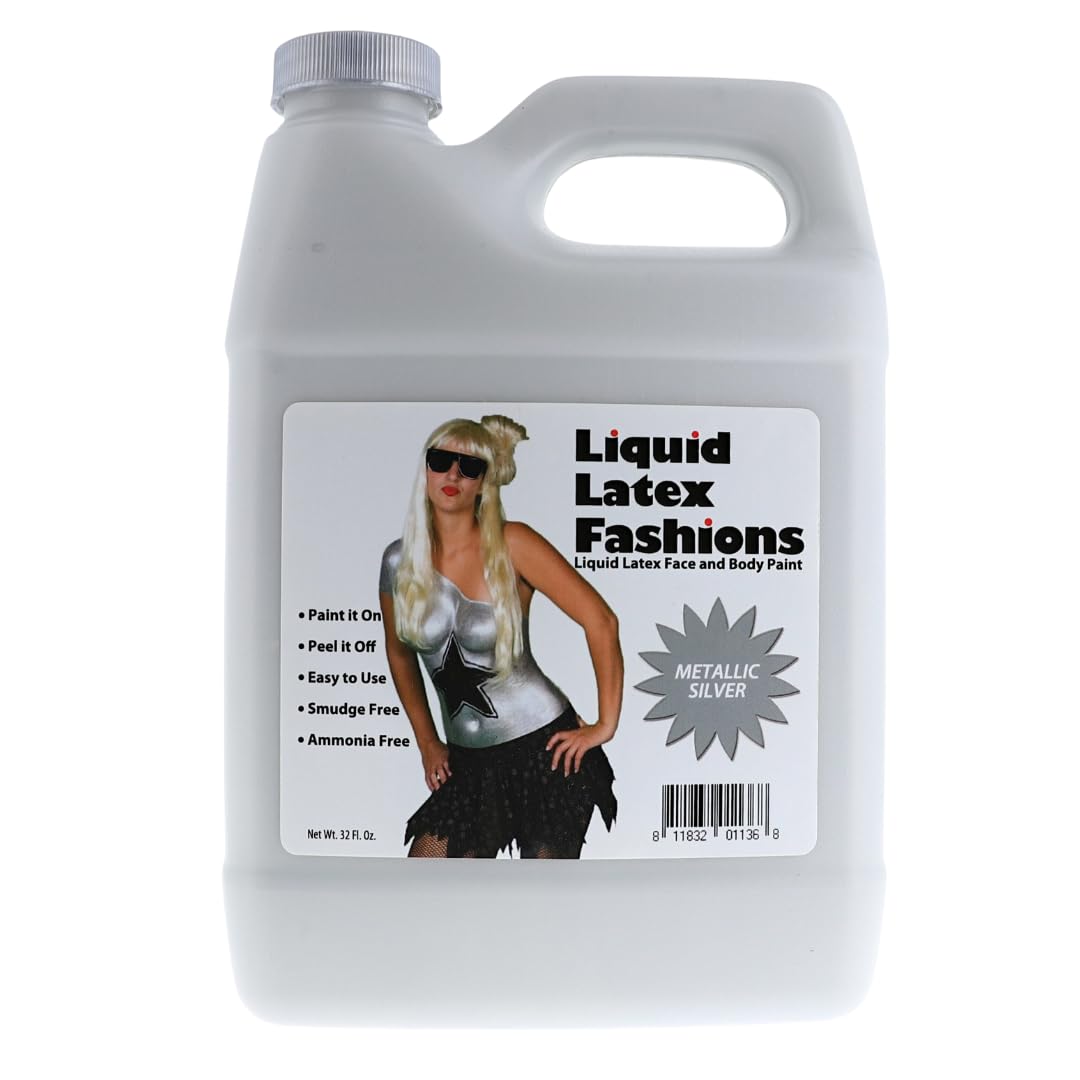 Metallic Silver 32 Fl Oz - Liquid Latex Face and Body Paint, Ammonia Free, Cosplay, Nail Art, Shimmering Finish Paint for Arts and Crafts Beauty & Personal Care Liquid Latex Fashions