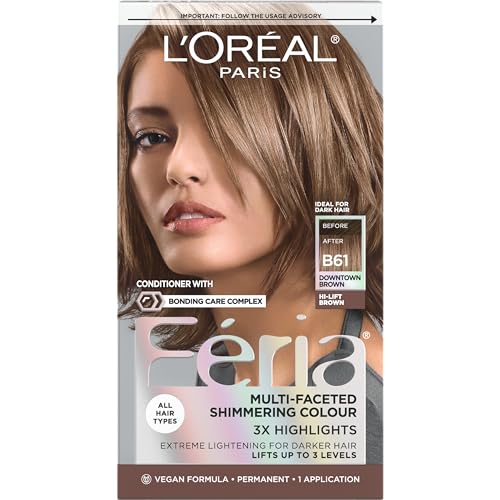 L'Oreal Paris Feria Multi-Faceted Shimmering Permanent Hair Color, B61 Downtown Brown (Hi-Lift Cool Brown), Pack of 1 Hair Dye Kit Beauty & Personal Care L'Oreal Paris