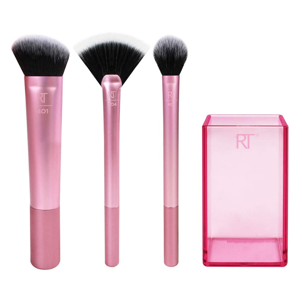 Real Techniques Cruelty Free Sculpting Set, Includes Fan or Setting Brush & Brush Cup, Synthetic Bristles, Pink, 4 Piece