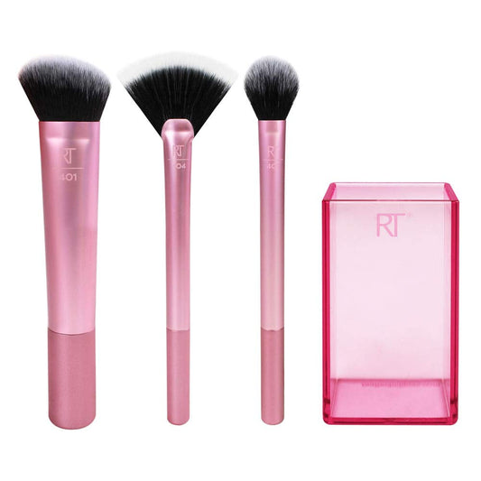 Real Techniques Cruelty Free Sculpting Set, Includes Fan or Setting Brush & Brush Cup, Synthetic Bristles, Pink, 4 Piece