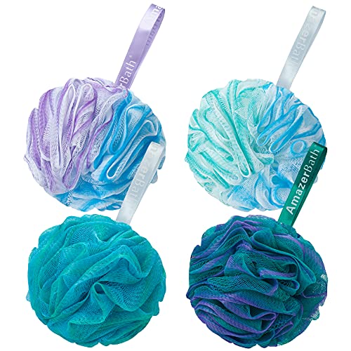 AmazerBath Loofah Sponge 75g/Piece, Exfoliating Bath Sponge Body Scrubber - Loofa Set of 4 Flower Color (Large, Green-Purple) Beauty and Personal Care AmazerBath