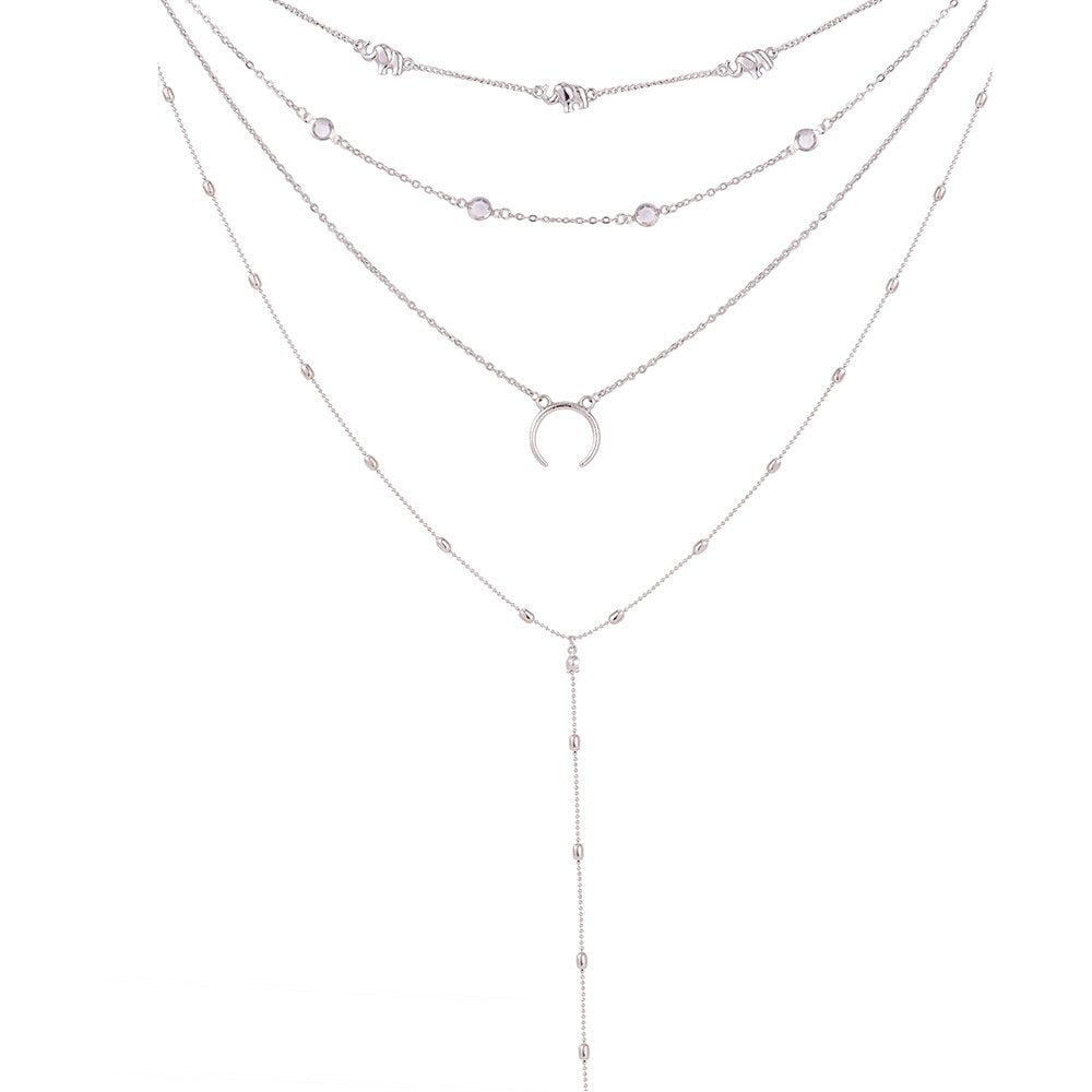 DoubleNine Bohemian Multilayered Necklace Layering Elephant Horn Moon Choker Long Chain Jewelry Accessories for Women Girl (silver) Beauty & Personal Care Doubnine