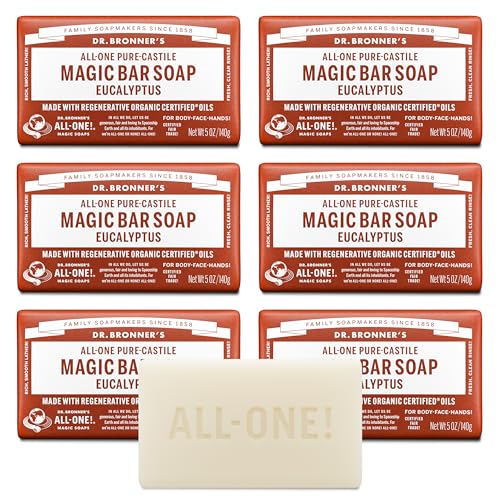 Dr. Bronner's Pure-Castile Magic Soap Bars (Eucalyptus, 5 oz, 6-Pack)- Made with Regenerative Organic Certified Oils for Face, Body & Hair - Gentle Beauty & Personal Care Dr. Bronner's