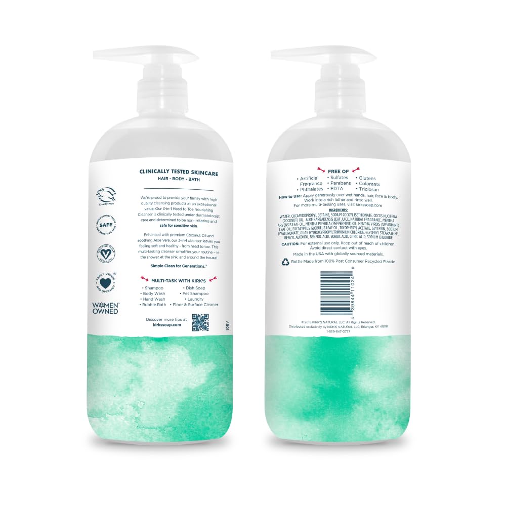 Kirk's Mint and Eucalyptus 3-in-1 Nourishing Cleanser, Shampoo Body Wash Bubble Bath, Coconut Oil and Aloe Vera, Vegan Non-GMO, 32 Fl Oz, Pack of 2 Beauty & Personal Care Kirk's