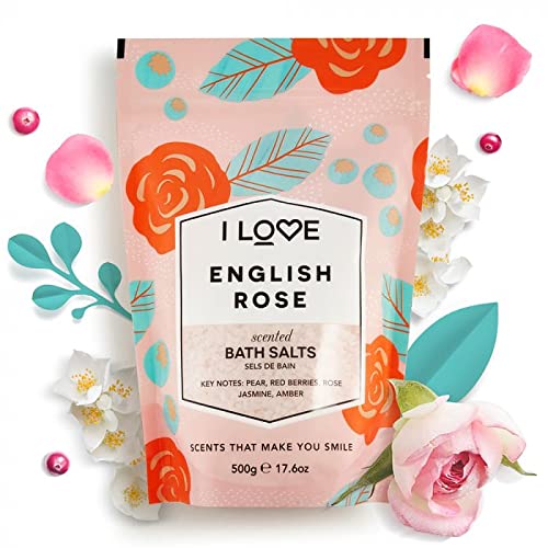 I Love English Rose Scented Bath Salts - Relaxing, Hydrating Bath Soak - Rose Bath Salts with Natural Fruit Extracts - Skin-Softening - 17.6 oz Beauty and Personal Care I LOVE