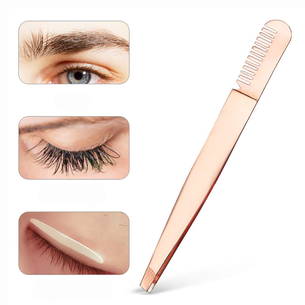 Amaok Eyebrow Tweezer with Comb - Tweezer Slant Tip, Professional Stainless Steel Slant Tip Tweezer - The Best Gold Precision Eyebrow Tweezers Beauty & Personal Care Amaok