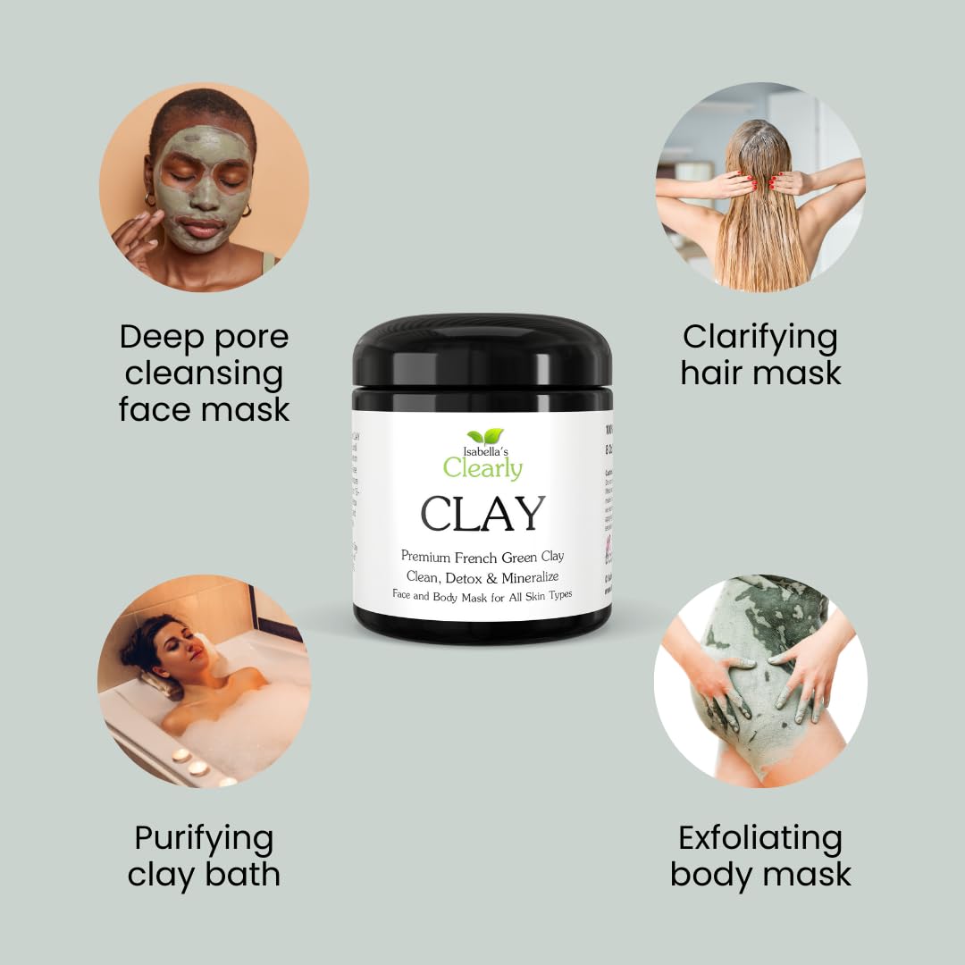 Clearly CLAY, Deep Pore Cleansing, Skin Softening Facial Mask | 100% Pure French Green Clay Powder for Acne, Blackheads, Dry Skin, Oily Skin | Non Beauty & Personal Care Isabella's Clearly
