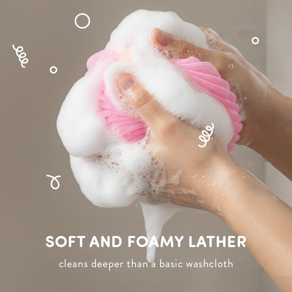 Éclat Mesh Bath Sponge Loofah Ball, Soft Exfoliating Body Scrubber for Wash, Rich-Lather Nylon Net Puff with Quick-Dry Hanging Loop, Gentle Daily Beauty and Personal Care Éclat