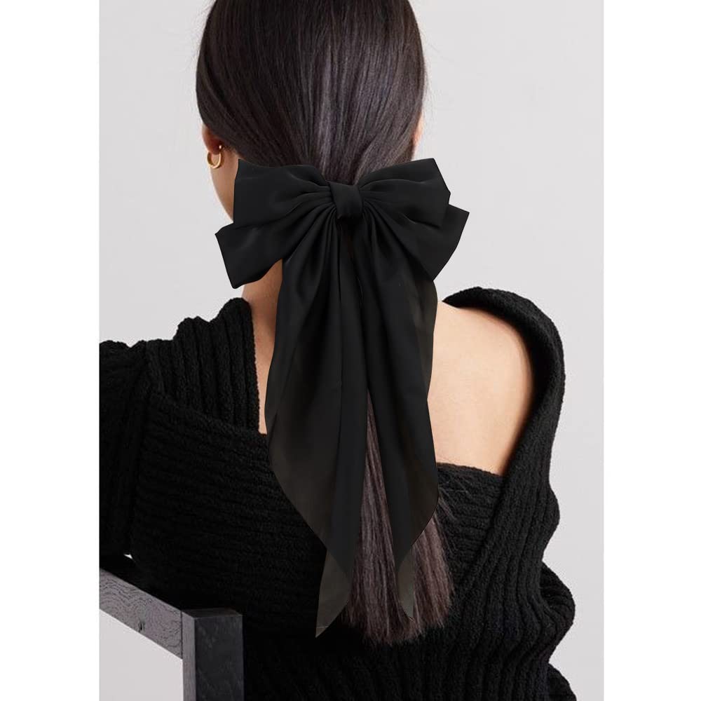 ATODEN Silky Satin Hair Bows 2Pcs Big Hair Bows for Women Hair Ribbons Oversized Long Tail White Hair Bow Black Hair Bow Large Hair Ribbon Barrettes Beauty & Personal Care Atoden