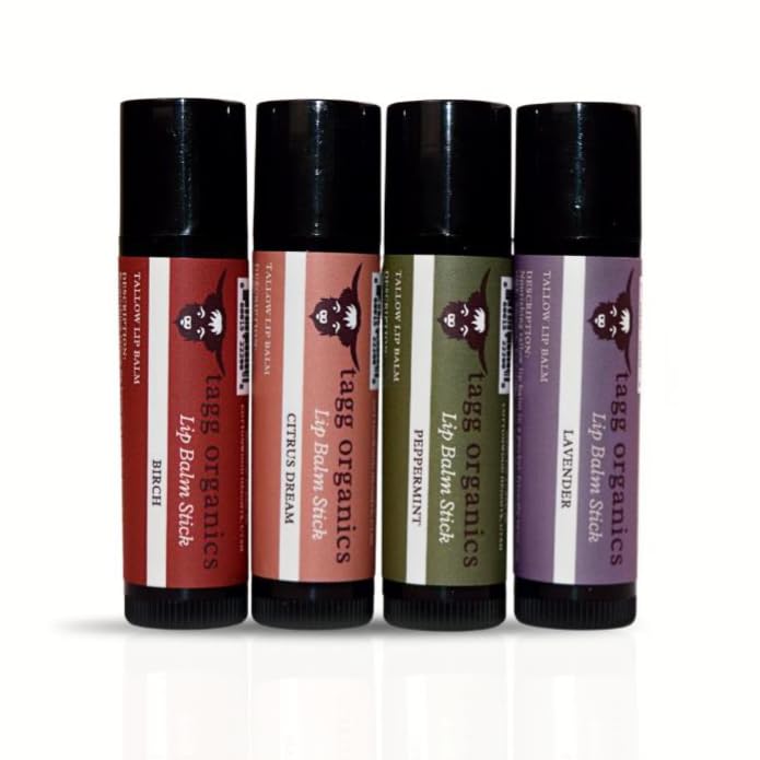 Tallow Lip Balm Variety Pack - Moisturizing Lip Care with Grass-Fed Tallow, Natural Beeswax & Essential Oils, 4 Pack (.15 oz) Beauty and Personal Care TAGG ORGANICS