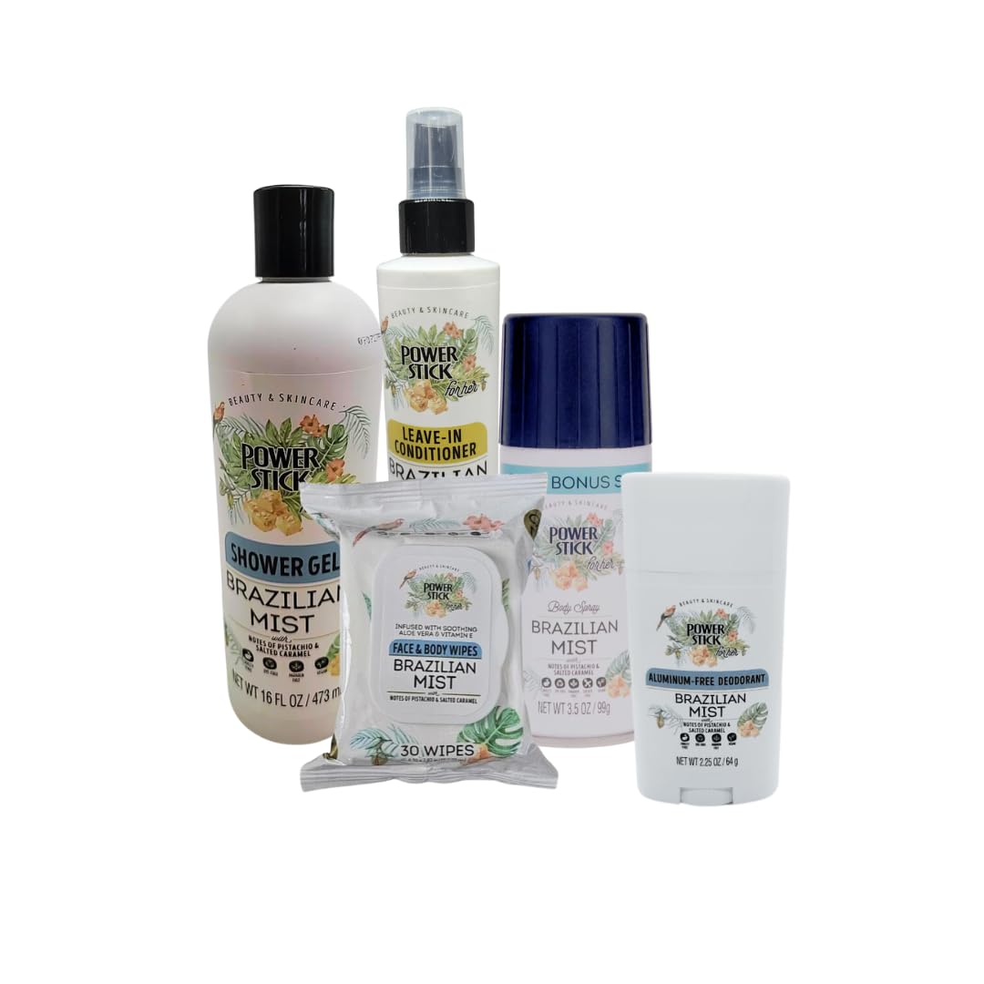 Power Stick Brazilian Mist 5pc Bundle- Body Wash- Leave in Conditioner- Face & Body Wipes- Body Spray-Deodorant Beauty & Personal Care Power Stick